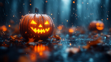 A lit jack-o'-lantern sits in the rain, surrounded by fallen leaves.