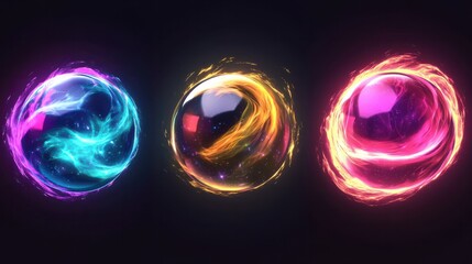 Wall Mural - Luminous neon thunder swirl. 3D shiny fortune sphere color set. Radial plasma asset with magical energy power orb.