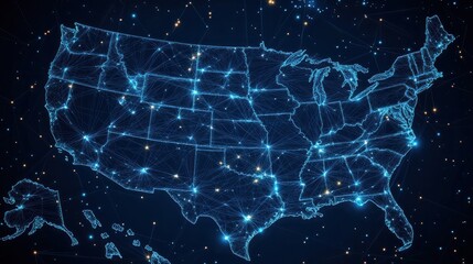 Wall Mural - the united states map, depicted as a glowing network on a dark background, with bright lines