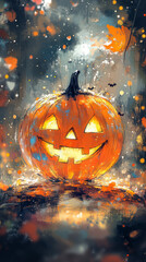 Canvas Print - Smiling jack-o'-lantern with a glowing face, set against a dark background of falling leaves.