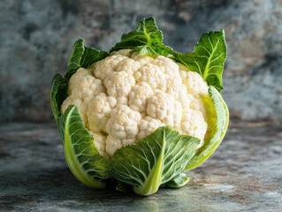 Poster - Single cauliflower head with green leaves, close-up view.