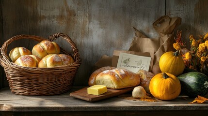 Poster - Cozy Autumn Harvest: Homemade Bread, Pumpkins, and Rustic Decor