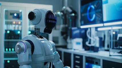 AI-powered robot analyzing data in a research facility