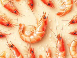 Canvas Print - Pattern of shrimps on a light background with water droplets.