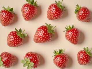 Poster - Strawberries arranged on a beige background, top view.