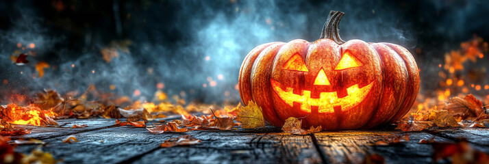 Canvas Print - A glowing jack-o'-lantern sits on a wooden surface, surrounded by fallen leaves.