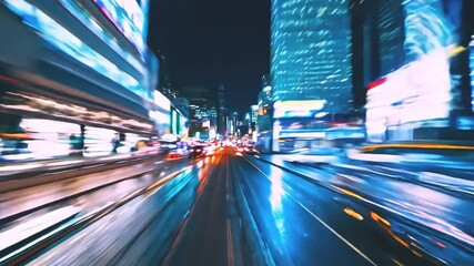 Poster - Bright lights fill the urban landscape as vehicles zoom by on a busy street, highlighting the excitement and energy of city life after dark.