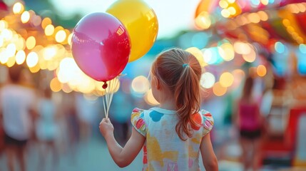 A little girl walks away from the camera with two balloons in her hand. The background is blurred, but you can see a carnival or fair with lights and people in the background.