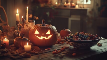 Poster - Cozy Halloween Atmosphere with Carved Pumpkin and Autumn Decor