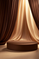 Wall Mural - A podium in rich chocolate brown with flowing cream-colored curtains, softly illuminated by golden ambient light, creating a warm, inviting product display.