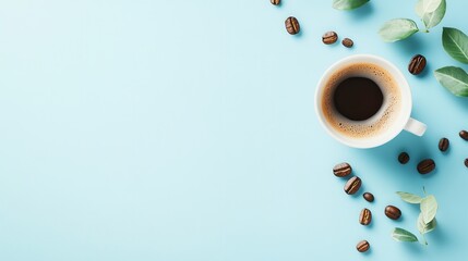 Aufkleber - A fresh cup of coffee is surrounded by coffee beans and green leaves, creating a serene morning atmosphere on a light blue background. Generative AI