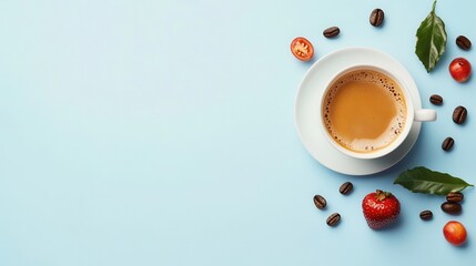 Poster - Good morning! Enjoy a cup of aromatic coffee with strawberries and beans for a delightful start to your day. Generative AI