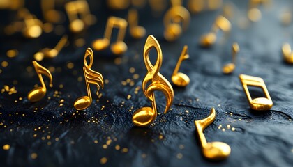 Elegant display of gold musical notes scattered across a textured black background