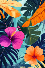 Wall Mural - A playful hand-drawn tropical scene with large leaves, hibiscus flowers, and abstract patterns in bright orange, pink, and purple, set against a teal background.