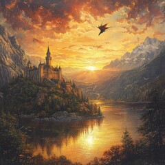 Canvas Print - A majestic castle at sunset, surrounded by mountains and a tranquil lake.