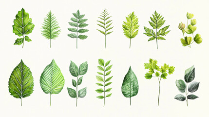 a variety of hand-drawn green leaf botanical illustrations, neatly ordered in rows