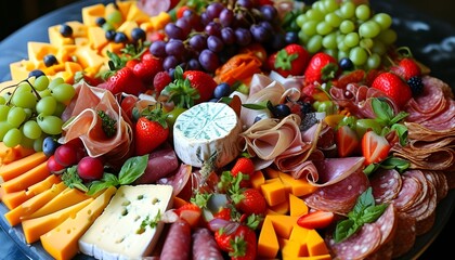 Vibrant charcuterie board featuring an array of fruits, cheeses, and assorted meats for a delightful culinary experience