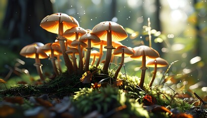 Mushroom cluster thriving on the forest floor, illuminated by enchanting dappled sunlight