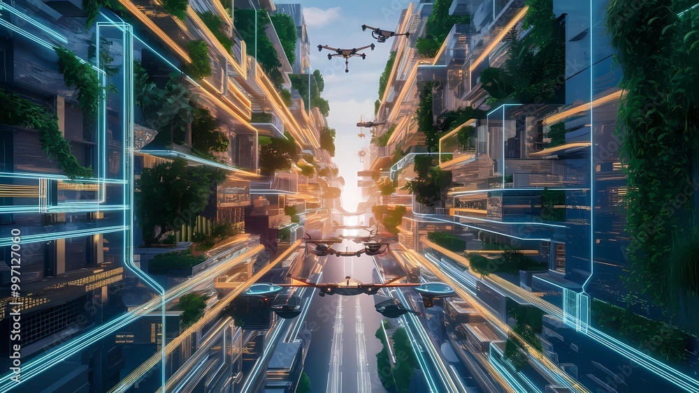 AI futuristic city with drones autonomous vehicles smart buildings ...
