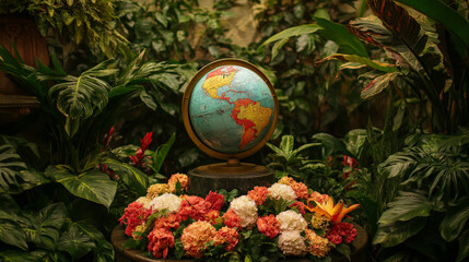 Wall Mural - A podium adorned with vibrant leaves, a globe, and fresh flowers, set in a garden for Earth Day celebration.