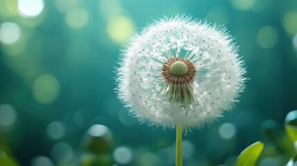  Taraxacum officinale blowball with delicate white seeds floating in the air against a vivid green background. spring to summer and the fragility of nature