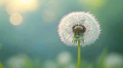  Taraxacum officinale blowball with delicate white seeds floating in the air against a vivid green background. spring to summer and the fragility of nature