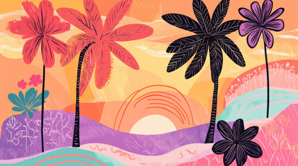 Wall Mural - A hand-drawn tropical sunset scene with palm trees, colorful flowers, and abstract waves in soft pastels of pink, orange, and purple, outlined with playful black lines.