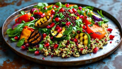 Wall Mural - Vibrant salad featuring roasted vegetables, quinoa, and pomegranate seeds served on a rustic metal plate