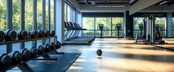 Wall Mural - Modern gym interior with large windows, treadmills, dumbbells, and a medicine ball.