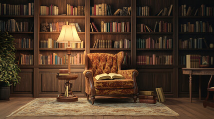 A podium with classic novels, a vintage lamp, and a comfortable armchair, set in a peaceful study for Book Lovers Day.