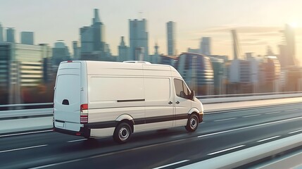 Wall Mural - A white delivery van driving on a highway with a city skyline in the background during sunset.