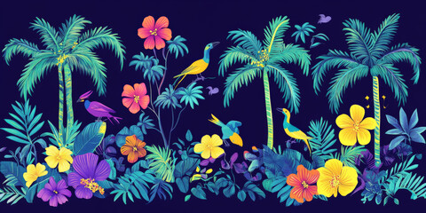 Wall Mural - A hand-drawn tropical paradise with stylized palm trees, hibiscus flowers, and colorful birds in bold shades of purple, yellow, and teal, set against a deep blue sky.