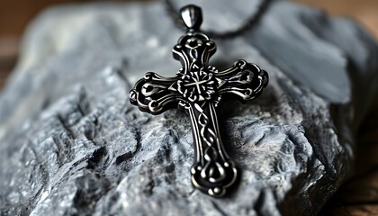 Intricate black metal cross pendant resting on textured gray rock in close-up detail