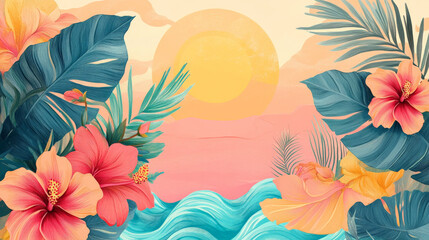 A colorful hand-drawn tropical landscape with large palm leaves, hibiscus, and a setting sun in bright hues of coral, teal, and yellow, framed by abstract waves.