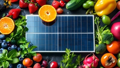 Vibrant display of fresh fruits and vegetables encircling solar panels, representing the harmony of sustainable and healthy living