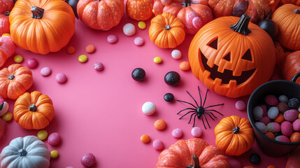 Poster - Pumpkins and candy on pink background.