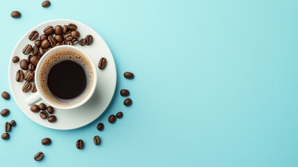 Aufkleber - Enjoy a warm good morning greeting accompanied by a steaming cup of aromatic coffee surrounded by coffee beans on a light blue surface. Generative AI