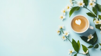 Aufkleber - Enjoy a lovely morning with a cup of aromatic coffee, adorned with heart-shaped foam and surrounded by delicate flowers. Generative AI