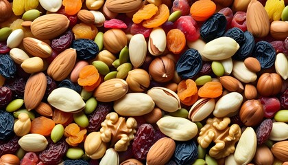 Vibrant assortment of nuts, dried fruits, and seeds creating a healthy and delectable snack blend