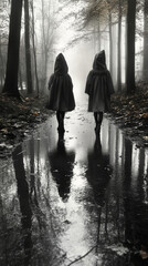 Two figures in hooded cloaks walk through a misty forest path.