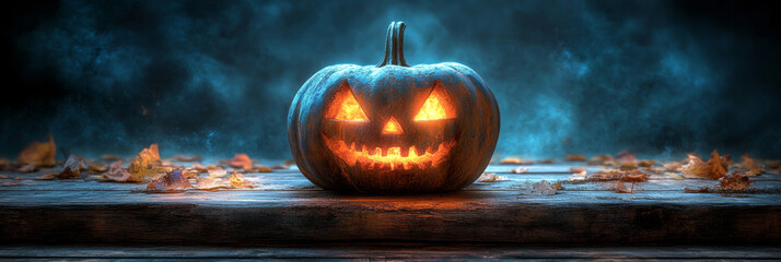 Poster - Spooky jack-o'-lantern on a wooden table with fall leaves.