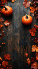 Canvas Print - Two small pumpkins and autumn leaves on a wooden table.