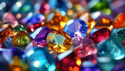 Vibrant display of colorful gemstones glimmering and reflecting light in a stunning array of shapes and sizes