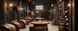 © Adnan saheem - An industrial wine cellar with wooden barrels converted into tables, wrought iron racks for wine storage, and soft, ambient lighting from wrought iron sconces