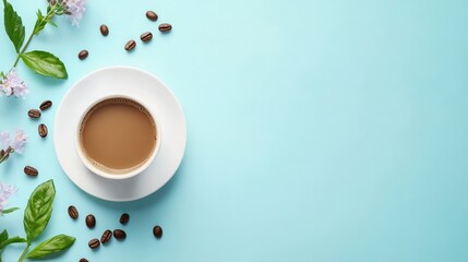 Leinwandbilder - Welcome the day with a warm cup of aromatic coffee surrounded by fresh leaves and flowers on a serene light blue background. Generative AI