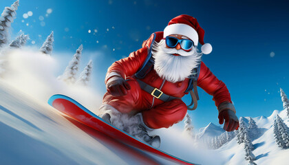 Poster - Cute Cartoon Santa Calus Snowboarding