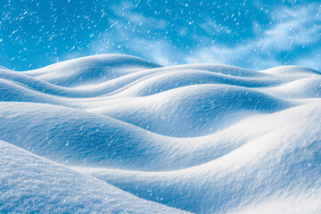 Beautiful background image of light snowfall falling over of snowdrifts