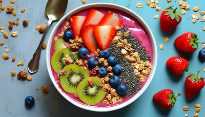 Vibrant smoothie bowl adorned with fresh fruit, crunchy granola, and nutritious chia seeds