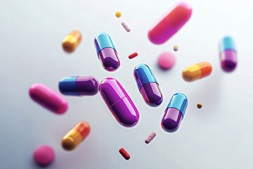 Wall Mural - Variety of colorful pills are floating on a white background, creating a visually interesting and abstract representation of medicine and healthcare