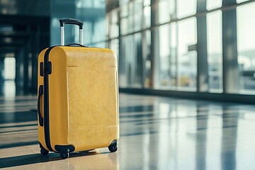 Yellow suitcase waits in an empty airport terminal, ready for travel. Sunlight shines on the shiny luggage, promising adventure and exploration